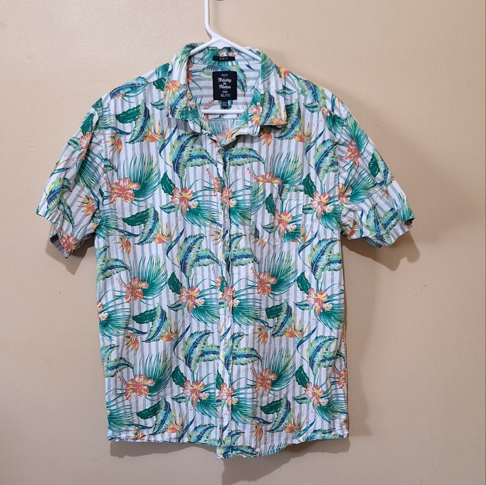 Artistry In Motion Tropical Print Short Sleeve Button Down Shirt
